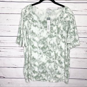 NWT Luxology Green & White Tie Dye Flutter Sleeve Blouse Top Size XL